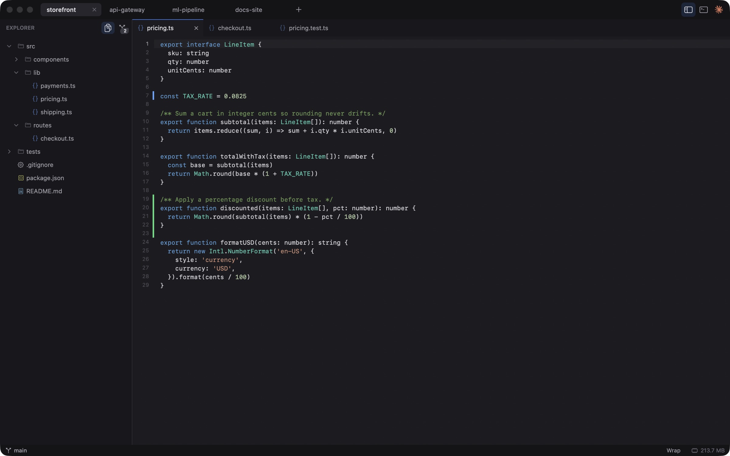 Native IDE showing four project tabs, a file tree, an editor with git change markers and a source control badge