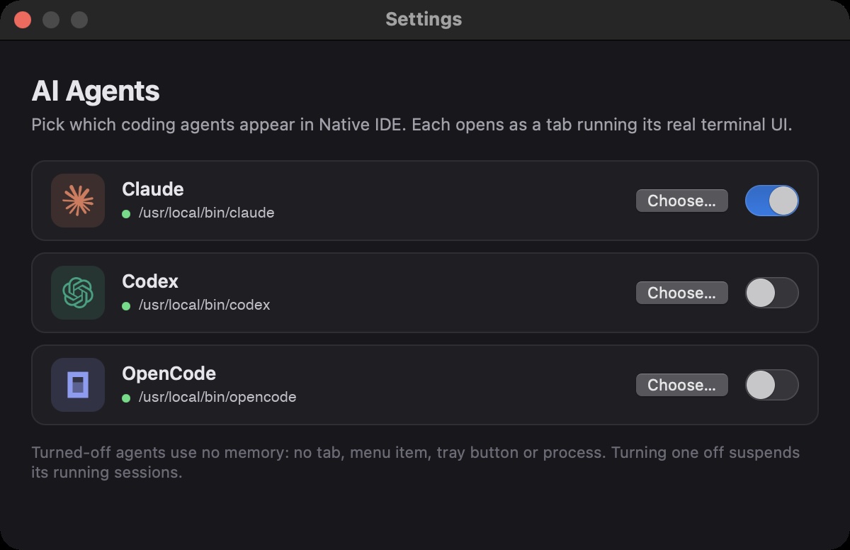Native IDE Settings with toggles for Claude, Codex and OpenCode